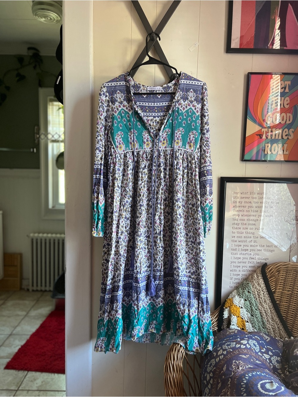Bohemian Floral V-Neck Long Sleeve Dress in Teal & Navy